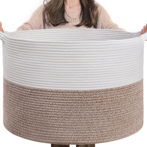 INDRESSME XXXLarge Cotton Rope Basket 21.7 x 21.7 x 13.8 Woven Baby Laundry Blanket Basket Toy Baskets with Handle Storage Comforter Cushions Thread Laundry Hamper Home Decor Living Room
