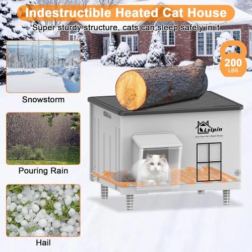 Large Heated Cat House for Outside Cats in Winter, Lslpin Weatherproof & Insulated Outdoor Feral Cat House with Escape Door,Outside Cats House Shelter with Heating Pad 21.6×16.9×17.5