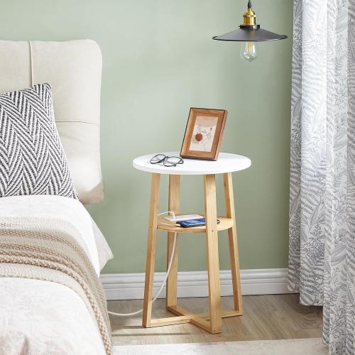 HOOBRO Round Side Table with Charging Station, Round Accent End Table with Bamboo Legs for Living Room, Bedroom, White and Natural YW101UBZ01