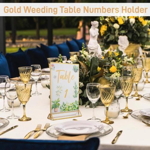 Acrylic Sign Holders 5x7” with 5 Stickers, Double Sided Clear Display Stand, Gold Tabletop Picture Frame, Table Menu Holder Display Stand for Wedding Number (Gold, 5 Pack 5x7 Inch)