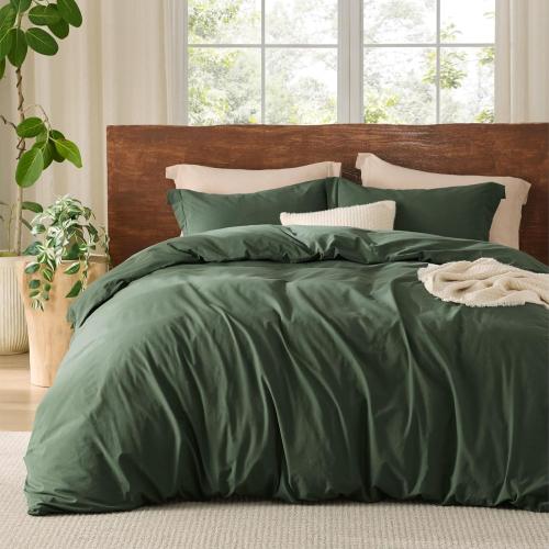 Bedsure 100% Washed Cotton Duvet Cover Queen Size - Olive Green Minimalist Cotton Duvet Cover Linen Like for All Seasons - GentleSoft™ Plain Simple Bedding (Olive Green, Queen, 90x90)