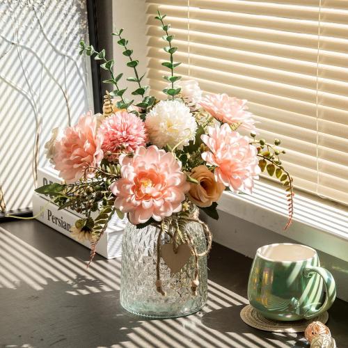 3 Pack Set Fake Flowers With Vase, Faux Silk Pink Dahlia Artificial Flowers for Home Decor, Coffee Table, Living Room, Bathroom Plant Decor