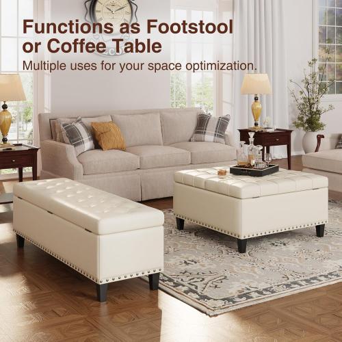 Size 51 Color White Storage Ottoman Bench,51-Inch Large Storage Bench for Bedroom End of Bed, 30 Gallons Faux Leather Ottoman with Storage for Bedroom, Living Room, Entryway, Cream White