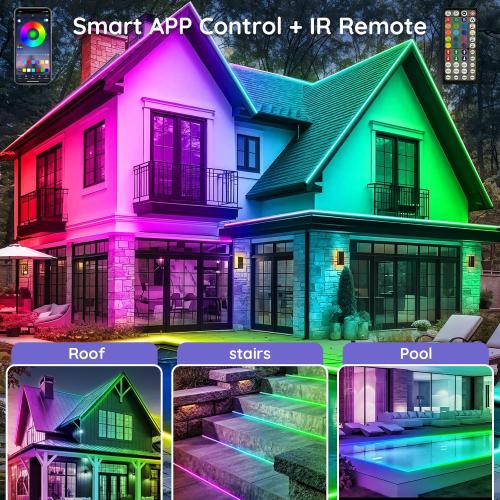 Outdoor LED Strip Lights Waterproof,IP68 Outside Led Light Strips Waterproof with App and Remote,Music Sync RGB Exterior Led Rope Lights with Self Adhesive Back for Roof,Deck