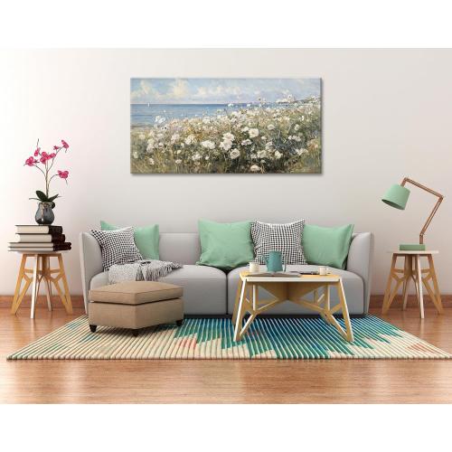 large Canvas Wall Art Coastal Flowers Wall Painting Beach Floral 3d Textured Picture Landscape Wildflowers Artwork Prints Seascape Aesthetic Artwork for Living Room Office Home Decoration 24x48