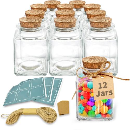12 Pack Small Glass Jars With Lids, 3.4 oz Mini Bottles With Cork, Twine and Labels for Favors, DIY Crafts, Candy, Potion