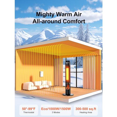 38 Electric Space Heater With Flame, 24H Timer, Remote, Thermostat, 3 Modes, Tip-Over and Overheat Protection for Indoor, Bedroom, Office, Large Room Use