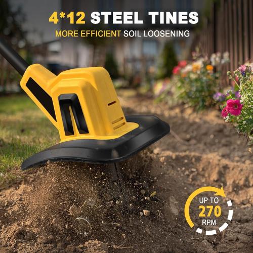 Cordless Garden Tiller Cultivator Compatible with Dewalt 20V MAX Battery, 270 RPM Electric Rototiller, 48 Steel Tines, 8.7 Tilling Width, 6.3 Depth, Rotary Tiller for Lawn/Gardening/Soil(Tool Only)