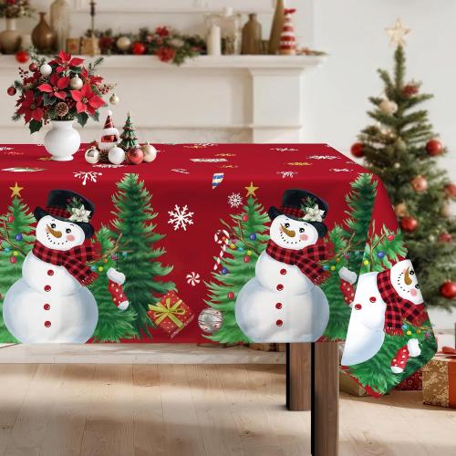 Christmas Tablecloth Waterproof, Red Snowman Snowflake Table Cloth Rectangle, Washable Table Cover for Christmas Party Home Kitchen Decoration (60×84 Inch)