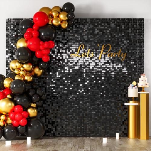 COKAOBE Black Shimmer Wall Backdrop, 36PCS Square Sequin Shimmer Backdrop Panel, Photo Backdrops for Birthday, Anniversary, Wedding, Graduation & Bachelorette Party Decoration