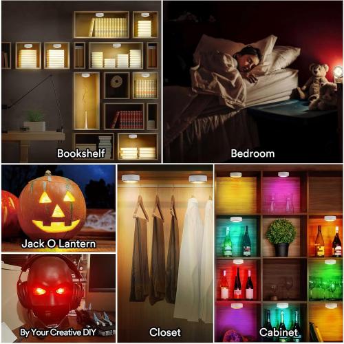 White 6 Pack Puck Lights with Remote Control, Battery Operated Wireless Under Cabinet Lighting, Stick on Tap Push Lights for Kitchen, Shelf, 6 Pack - White