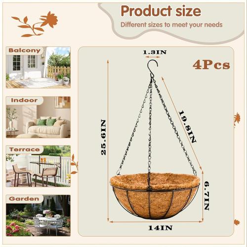 14 inch Metal Hanging Baskets For Plants Outdoor 4 Pack Round Metal Wire Hanging Basket Planter with Coco Fiber Liners Chain Round Wire Plant Holder for Garden, Patio, Deck, Porch Plants Flower Potss
