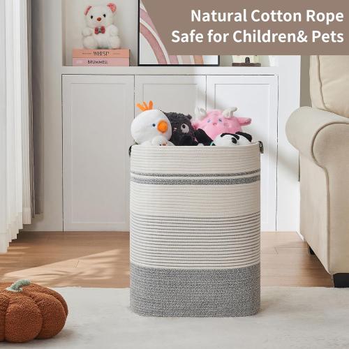AINUOQI Laundry Basket with Handles - Blanket Basket & Hampers for Bedroom Aesthetic, Laundry Hamper & Blanket Storage for Living Room, Clothes Hamper, Tall, Large 17 x 14 x 22”, Grey & White