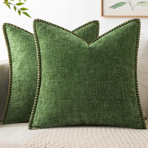 MIULEE Pack of 2 Couch Pllow Covers 18x18 Inch Moss Green Farmhouse Decorative Throw Pillow Covers with Stitched Edge Soft Chenille Solid Dyed Pillow Covers for Sofa Bed Living Room