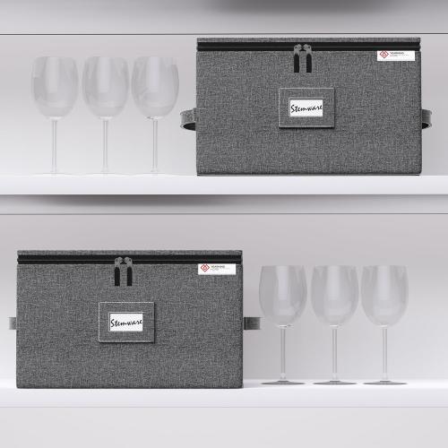 YearningHome Wine Glass Storage Box with Dividers,Hard Shell and Stackable Stemware Storage Containers with Sturdy Handle for Glassware Crystal Storage and Transport,Grey,Holds 12