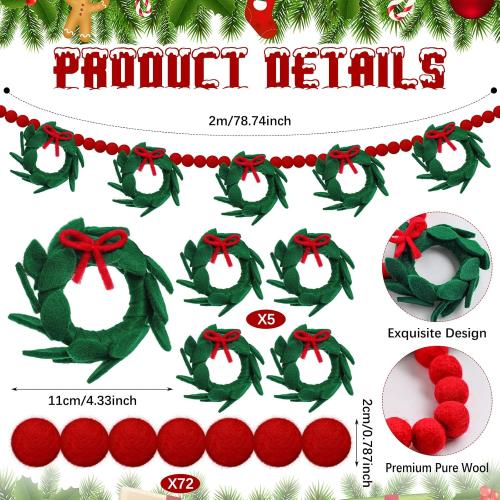 Peryiter 6.6 ft Wool Felt Christmas Garland with Wool Green Wreath Red Pompom Ball Garland Red Green Xmas Hanging Felt Banner for Christmas Holiday Fireplace Mantel Door Table Furnace Home Decoration