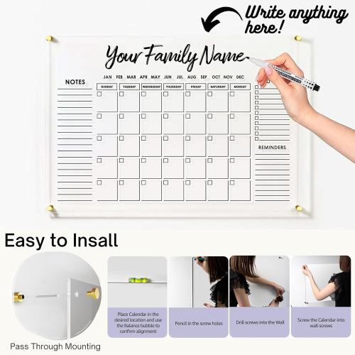 28x20 Large Oversize Crystal Clear Acrylic Wall Calendar Dry & Erase Board | 28 X 20 | Monthly Family Calendar Home Office Glass Calander Reusable Big Whiteboard | Free Pens & Eraser