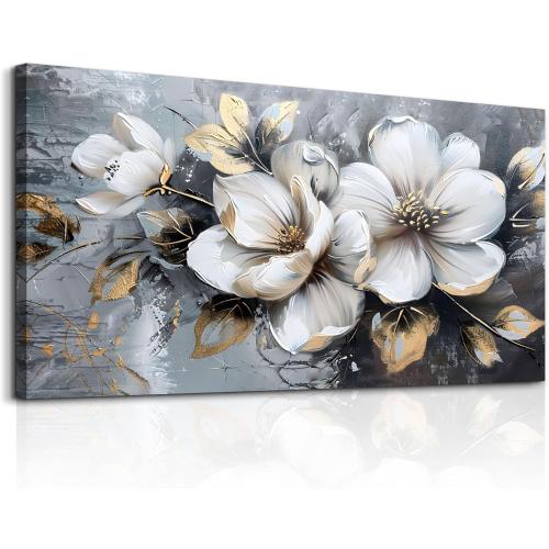 KELIYUAN Large Canvas Wall Art For Bedroom Wall Decor For Living Room Office Decorations Abstract White Flowers Paintings Pictures Artwork Modern Framed Posters Home Decor Ready To Hang 24x48