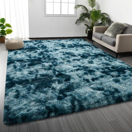 Large Shag Area Rugs Tie-Dyed Plush Fuzzy Rugs for Living Room, Ultra Soft Fluffy Furry Rug for Bedroom, Indoor Carpet Nursery Rugs for Kids Room Home Decor, Peacock Blue