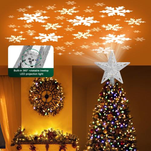 Kesfitt Christmas Tree Topper Sliver Lighted with 6 Projection Modes,Christmas Star Tree Topper Built-in LED Rotating Lights, 3D Glitter Dynamic Projection for Xmas Party Holiday Decorations