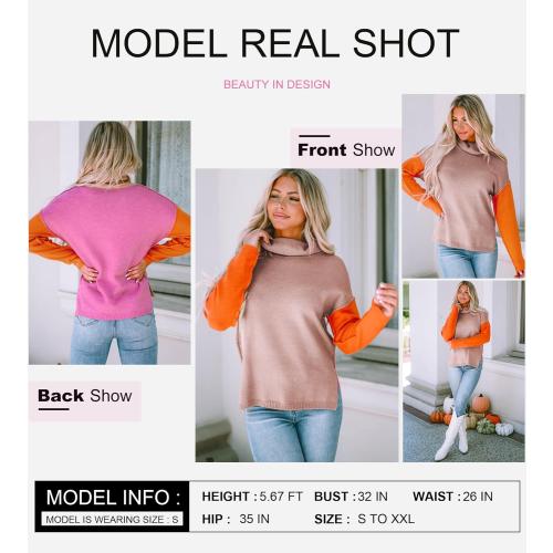 Dokotoo Womens Turtleneck Sweaters Casual Long Sleeve Color Block Side Slit Pullover Knit Jumper Tops (XL)
