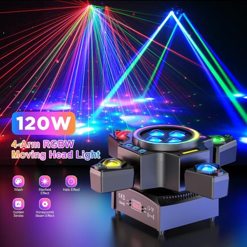Moving Head DJ Lights,120W Party Light 4 Arm RGBW 4-in-1 Bee-Eyes Beam/Wash/Red Green Starry Sky Golden Strobe Halo Ring Effect Light,Sound-Active/DMX/Remote Control for Party Club Stage Show