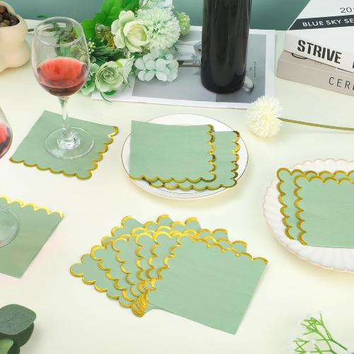 Sage Green Cocktail Napkins 5 x 5 Inch Sage Green Scalloped Paper Napkin Disposable Gold Foil Dessert Beverage Napkins for Dinner Wedding Bridal Baby Shower Anniversary Birthday Party