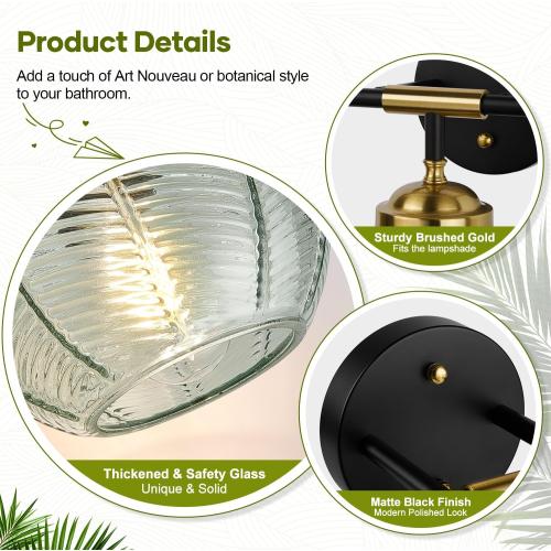 Bathroom Light Fixtures, 3-Light Green Vanity Lights with Unique Leaf Texture Glass Shade, Modern Matte Black and Gold Bathroom Wall Lamp for Mirror Hallway Cabinet Living Room