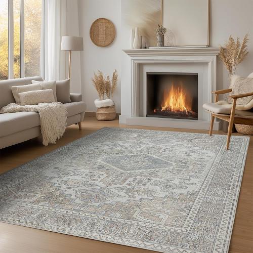 Beige 8x10 Machine Washable Rugs Area Rugs for Living Room,Ultra Soft Low Pile Retro Rugs for Bedroom,Dining Room,Large Non Slip Carpet Vintage Distressed Accent Rug for Farmhouse Office Home Decor