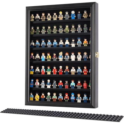 Minifigure Display Case - Building Block Toy Wall Cabinet Showcase for Small Miniature Collectibles Mini Brands Thimbles, Lockable UV Protection Door (Black Finish Frame)