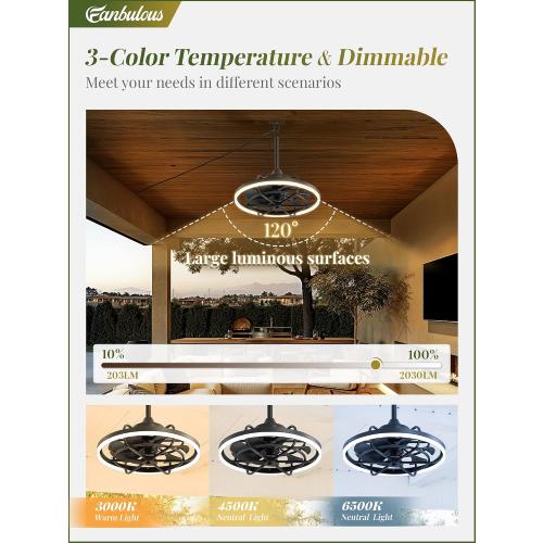 Fanbulous Outdoor Ceiling Fans with Light for Patios, 20 Weatherproof Plug in Ceiling Fan, Gazebo Fan Remote&APP Control, 3CCT Dimmable,Caged Ceiling Fan with Hanging Hook for Porch, Pergola,Canopy