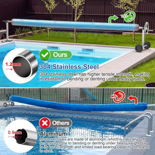 Abimars 18ft Pool Solar Cover Reel with Ball Bearings, 304 Stainless Steel Pool Solar Blanket Reel for Inground Pools, 304 Stainless Steel Tube Prevents Sagging, No Plastic Parts