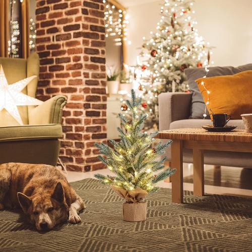 LinTimes 24 Inch Table Top Small Christmas Tree with 50 LED Lights, Prelit Mini Christmas Tree Frosted Pine Tree with Red Berries for Home Table Centerpiece Dining Room Office Desk Decorations