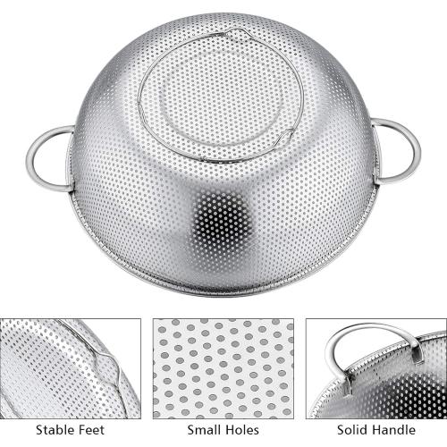 P&P CHEF Colander Set of 3, 1/3/5 Qt, Stainless Steel Colanders Strainers | Metal Micro-Perforated Colanders and Strainers for Draining Rinsing Washing, Ideal for Pasta Fruits, Dishwasher Safe