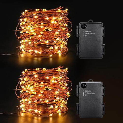 Timer Flashing Led String Fairy Light,2 Pack Mini Battery Powered Copper Wire Starry Lights,Battery Operated Christmas Lights for Bedroom,Parties,Wedding,Gift Decoration(5m/16ft Warm White)
