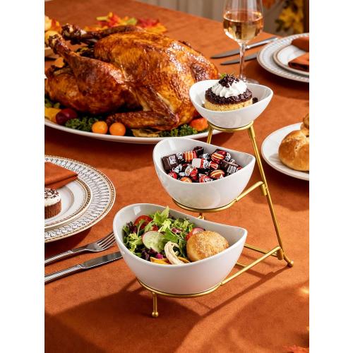 3 Tier Serving Bowls with Stand, Chips and Dip Serving Dishes Set for Entertaining Party, Ceramic Fruit Bowl for Salad Soup Snacks, Microwave & Dishwasher Safe