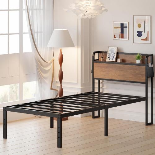 Maenizi 16 Inch Twin XL Bed Frames with Wood Headboard, Storage Bed Frame Twin XL No Box Spring Needed, Noise Free, Mahogany