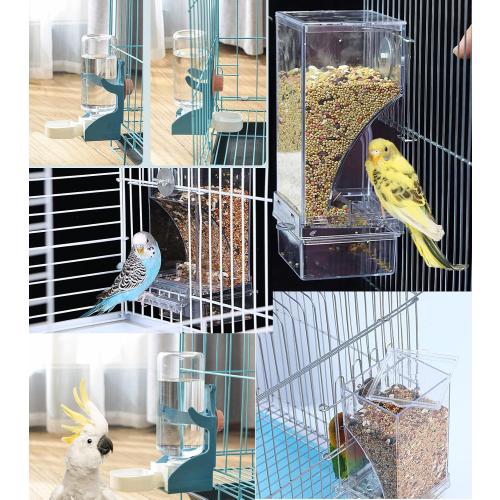 Color Blue Kenond No Mess Bird Feeder Water Dispenser Set, Automatic Parrot Feeder Cage Accessories, Clear Parakeet Seed Container Food Drinker for Cage, Cockatiel Finch Lovebirds Budgies Canary (Blue)