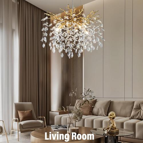 YUYI 23.6 Modern Gold Tree Branch Crystal Chandelier, 8-Light Round Raindrop Pendant Lighting for Dining Room Living Room Bedroom Kitchen Foyer Entryway, Luxury K9 Crystal Statement Light Fixture