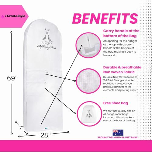 White Garment Bag for Wedding Dress-Bridal Cover for Your Long Evening Gown Perfect for Storage & Travel Easy Access Zipper & Gusset 3 Pockets for Accessories including Shoe Bag