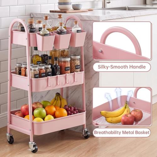 danpinera 3-Tier Rolling Cart, Utility Cart Mobile Metal Rolling Storage Cart with Lockable Wheels & Hanging Cups & Hooks for Kitchen, Bathroom, Office, Workshop, Pink