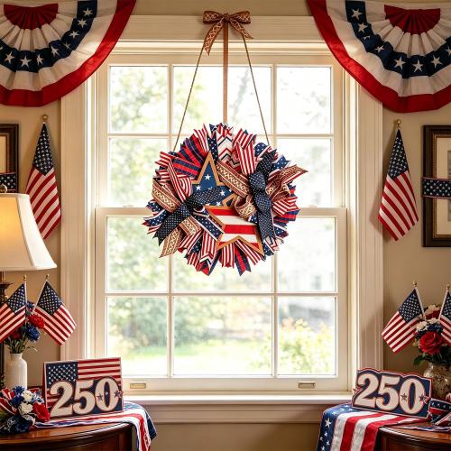 Spiritlele 250th Anniversary USA Door Sign Star Patriotic Wreath 4th of July Memorial Day Hanging Garland Indoor Decoration for Front Door Home Office Celebration Gift