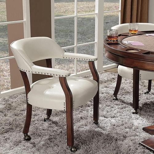 LEEMTORIG Large Dining Chairs with Casters and Arms, Rolling Dining Chairs with Wheels, Accent Game Poker Chairs, Wood Boss Caption's Chairs, 26“Dx25.2 Wx31.5“H, Cherry Legs & Ivory PU, SY-1533-WT