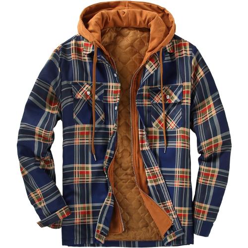 Size L...DOSLAVIDA Men's Flannel Shirt Jacket Quilted Lined Winter Coat Long Sleeve Button Dwon Shirt Warm Hooded Plaid Jacket Navy