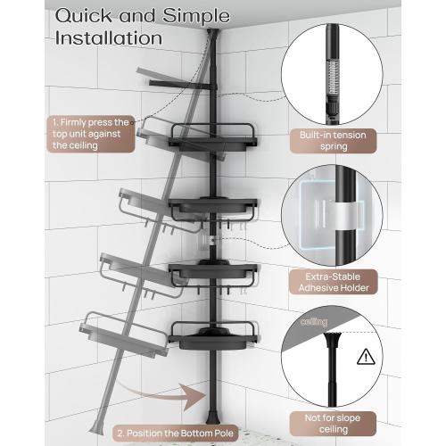 ALLZONE Corner Shower Caddy Tension Pole, Extendable Rustproof Stainless Steel Pole & 4-Tier Adjustable Shelves for Easy Drainage and Built-to-Last Stability, 34 to 116 Inch, Black