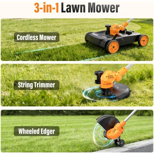 3-in-1 Cordless Lawn Mower, 3000W Brushless String Trimmer & Wheeled Edger Combo Kit, 18.9 Inch, 3 Blades for Lawn Weeds Shrubs, Adjustable Height & Angle Electric Weed Wacker Garden Tools