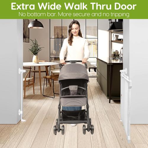 Color White No Drill Baby Gate for Stairs No Bottom Bar,  Adjustable Baby Gate with Large Walk Thru Door, Mesh Dog Gate for Doorways, Swing & Dual Openings, No Drilling Pet Gate Child Safety Gate, White