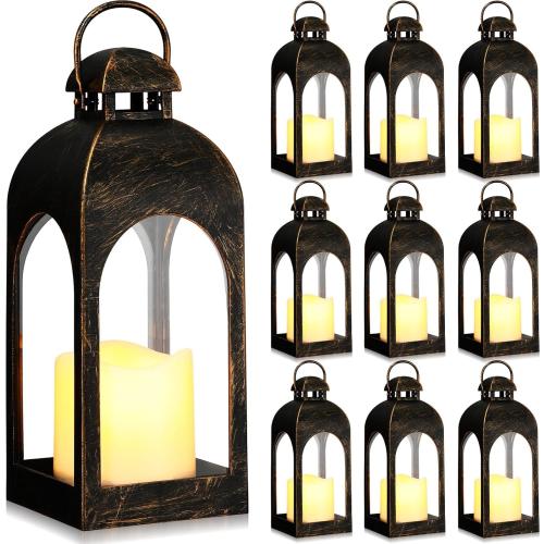 Tujoe 10 Pcs 10 Inch Decorative Candle Lantern Bulk for Wedding Centerpieces Lanterns with LED Flameless Candle Indoor Outdoor Hanging Lights for Wedding Party, Battery Included (Dark Bronze)