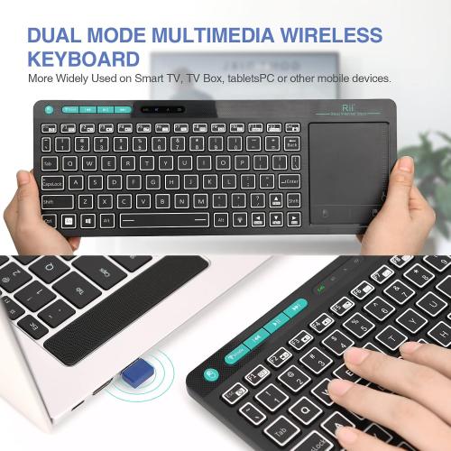 (Dual Mode) Rii RT518S Wireless and Bluetooth 2-LED Color Backlit Multimedia Keyboard with Multi-Touch Big Size Trackpad,Rechargable Keyboard for Android TV Box,PC,Tablets,Smart TV, HTPC, IPTV,Windows