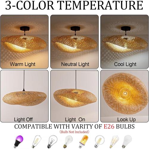 Hand Woven Bamboo Pendant Light,23.62 in Bamboo Rattan Ceiling Hanging Light Hand Woven Wicker Chandelier for Living Room Kitchen Dining Room Farmhouse